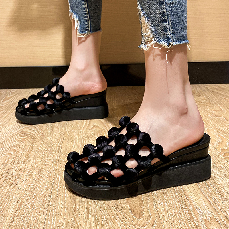 Thick-soled half-toe head slippers women's summer outer wear and inner height 8cm black wedge heel fairy wind sandal 32 small size 33