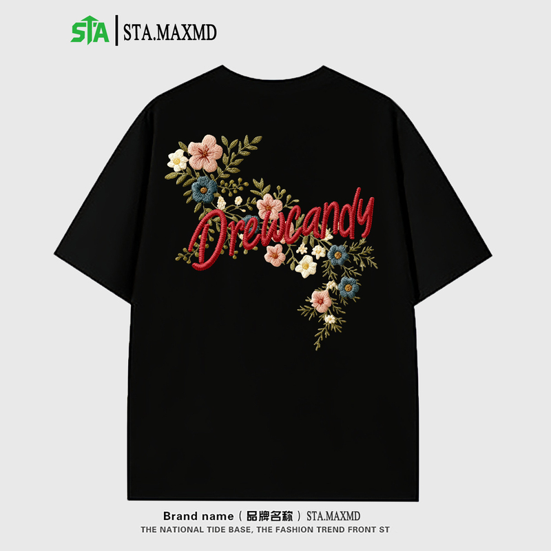 Sta American-Style Letter Floral Embroidery Short-Sleeve T-Shirt for Men and Women, Summer Round Neck Loose Fit, National Trend Brand, Couple Pure Cotton Top