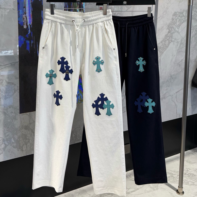 2026 Spring/Summer New Casual Retro Trendy Men's Casual Leather-Trimmed Light Luxury Trendy Brand White Pants Classic Straight-Leg Trousers