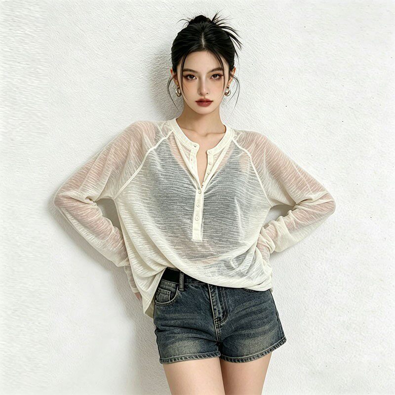 Lazy Style Loose Henry Collar Sun Protection Blouse for Women, Summer Cool and Slightly See-Through Long-Sleeved T-Shirt, Thin Jazz Dance Top