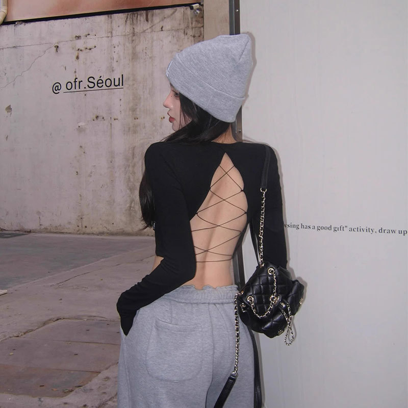 Hot Girl Sexy Backless Long-Sleeved T-Shirt for Women, Early Autumn Design, Hollow-Out Base Shirt, Pure Desire Style Short Crop Top Hot Girl Sexy Backless Long-Sleeved T-Shirt for Women, Early Autumn Design, Hollow-Out Base Shirt, Pure Desire Style Short Crop Top