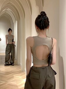 Sweet and Spicy Girl's Backless Hollow-Out Racerback Tank Top for Women, Summer Design, Sleeveless, Beautiful Back, Sexy Short Camisole Top