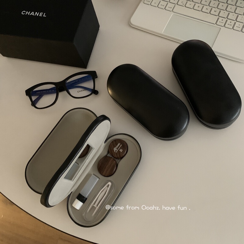 Glossy Black Double-Layer Box, Glasses + Contact Lens Companion Box Set, Dual-Purpose Sunglasses Storage, Wood Grain Contact Lens Case