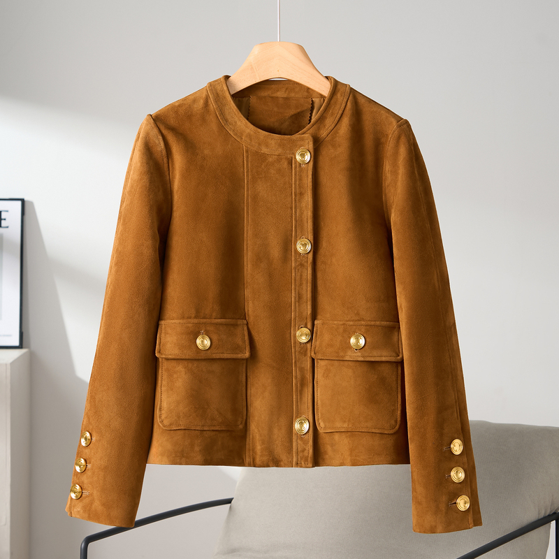 Imported Cashmere Leather Ys*L Same Style Genuine Leather Jacket for Women, Suede Collarless Gold Buckle Ultra-Soft Lambskin Coat