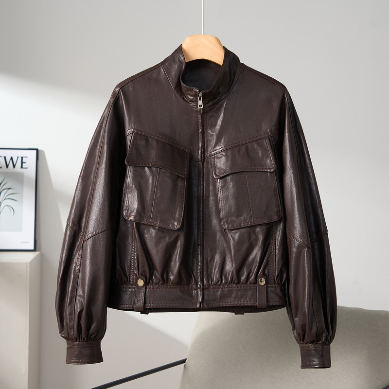 Turkey Imported All-Vegetable Oil Wax Sheepskin Genuine Leather Jacket for Women 2026 Stand Collar Lantern Sleeve Leather Jacket Turkey Imported All-Vegetable Oil Wax Sheepskin Genuine Leather Jacket for Women 2026 Stand Collar Lantern Sleeve Leather Jacket