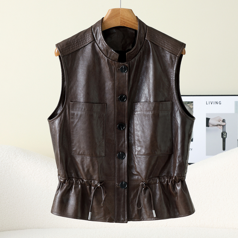 Imported Oil Wax Sheepskin Genuine Leather Vest for Women, 2026 New Autumn Drawstring Outerwear Sheepskin Vest Imported Oil Wax Sheepskin Genuine Leather Vest for Women, 2026 New Autumn Drawstring Outerwear Sheepskin Vest