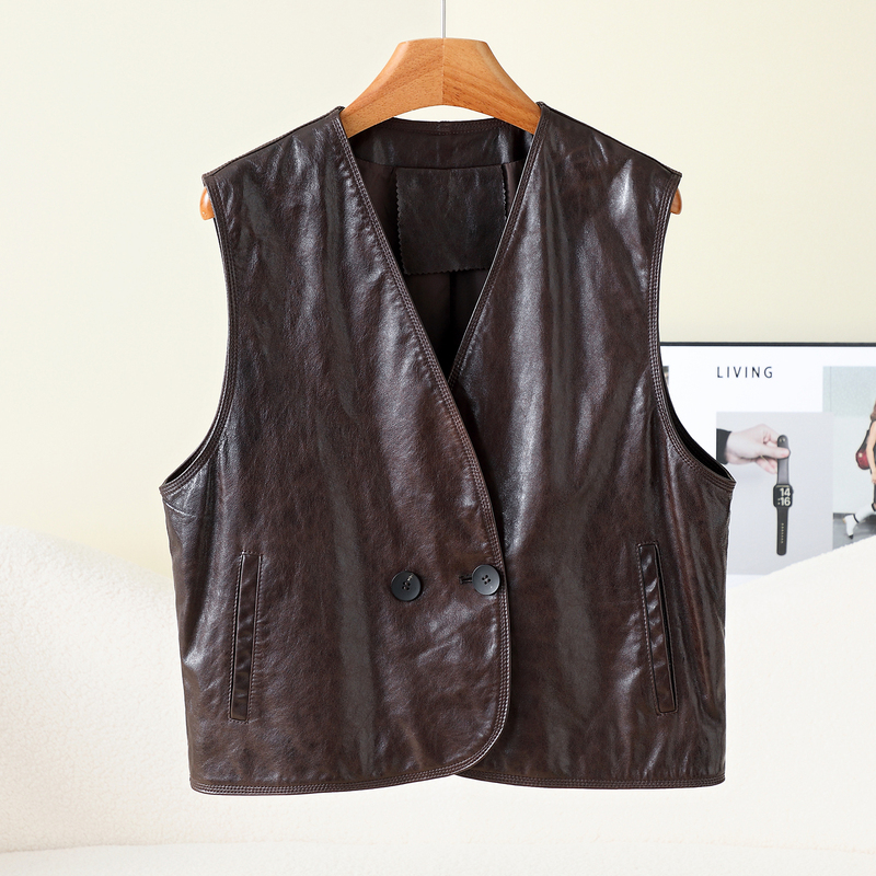 Oil Wax Sheepskin Genuine Leather Vest for Women, 2026 Autumn New Style, V-Neck, Loose, Retro, Sleeveless Leather Vest Oil Wax Sheepskin Genuine Leather Vest for Women, 2026 Autumn New Style, V-Neck, Loose, Retro, Sleeveless Leather Vest