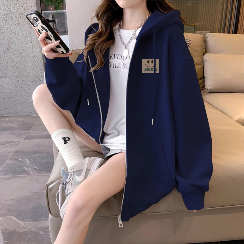 Jimo Stylish Zip-Up Cardigan Sweatshirt for Women, Fleece-Lined, High-Fashion, Lazy Style, Thickened Pure Cotton Hooded Jacket, Baseball Jacket