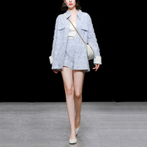 MALCENL KLON SPRING DESIGN SENSUAL FLOW SUSHALLOW BLUE LINING COAT HIGH WAIST A CHARACTER SHORTS SUIT WOMAN