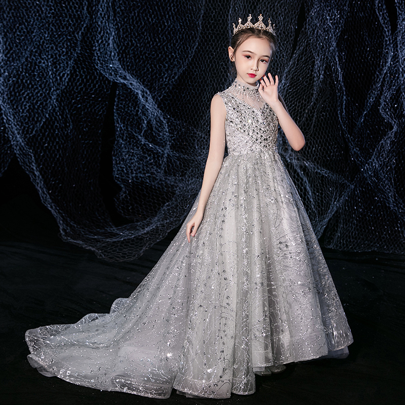 Girls' Dress, High-End Catwalk Trailing Princess Dress, Flower Girl Puffy Gauze Dress, Host Children's Piano Performance Dress, Summer