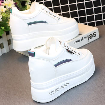 Thick-Soled Sneakers with a 10cm Internal Height Increase, Versatile Lace-Up New Style, Leather Surface with Color Matching, Casual Sports Shoes, Breathable, Large Size Women's White Shoes