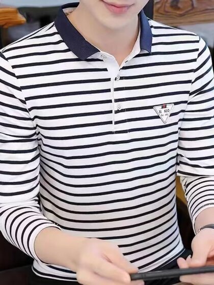 Guangzhou Thirteen Lines Men's Spring and Autumn New Striped Long Sleeve T-Shirt Polo Shirt Paul Collar Top T-Shirt for Men