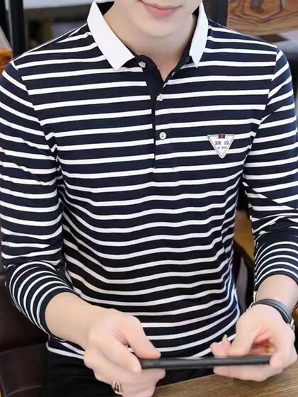 Men's Striped Long-Sleeve Polo Shirt with a Collar, Casual T-Shirt, Trendy Top from a Major Brand's Export Line
