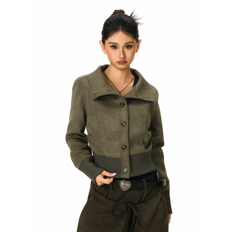 American Retro Suede Stand-Up Collar Short Jacket for Women, Autumn and Winter Slim Fit, High-End Jacket, Fiona Outfit