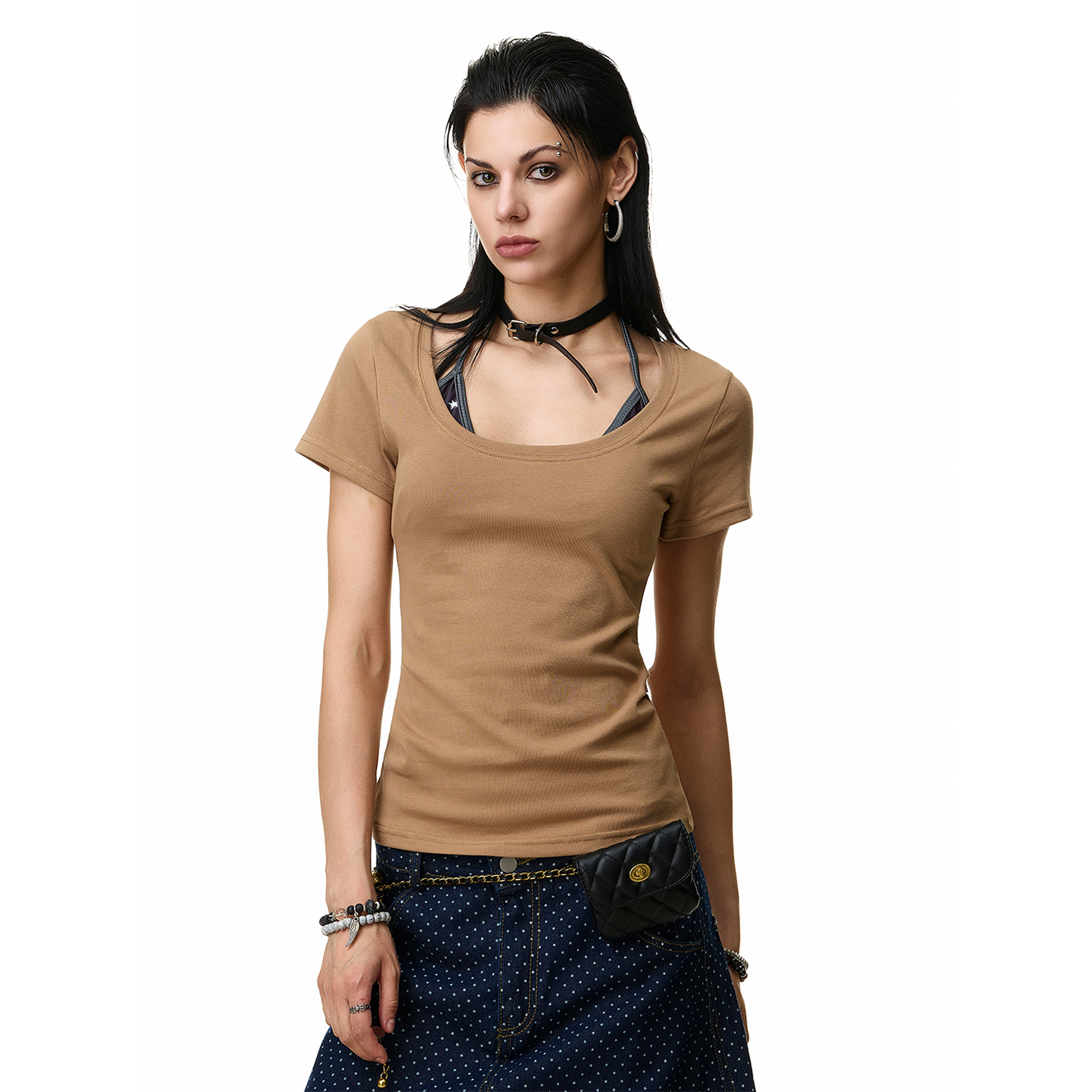 American simple basic round-neck, straight-shoulder short-sleeved T-shirt, summer slimming, cleanfit, versatile solid color top