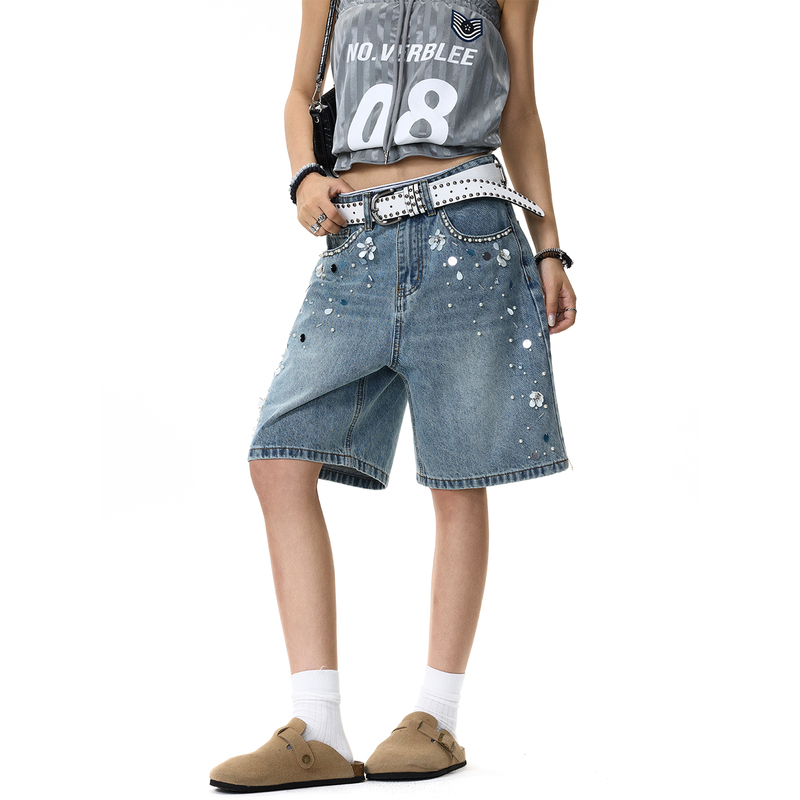 American Retro Niche Sequined Beaded Denim Shorts Summer Street Style Loose Casual Design Wide-Leg Shorts