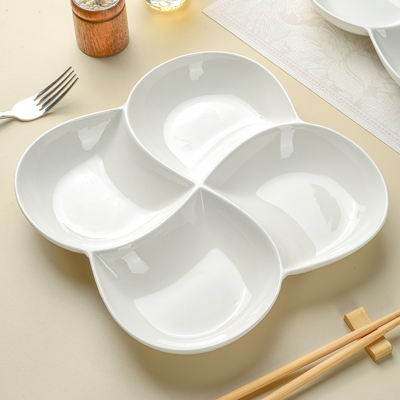 Tao Bai Wan Pure White Four-Compartment Ceramic Serving Plate for Home Use, Suitable for Steaming Dishes, Nutritious Breakfast, Odor-Proof, Plum Blossom Design, Weight Loss Compartmentalized Plate Tao Bai Wan Pure White Four-Compartment Ceramic Serving Plate for Home Use, Suitable for Steaming Dishes, Nutritious Breakfast, Odor-Proof, Plum Blossom Design, Weight Loss Compartmentalized Plate