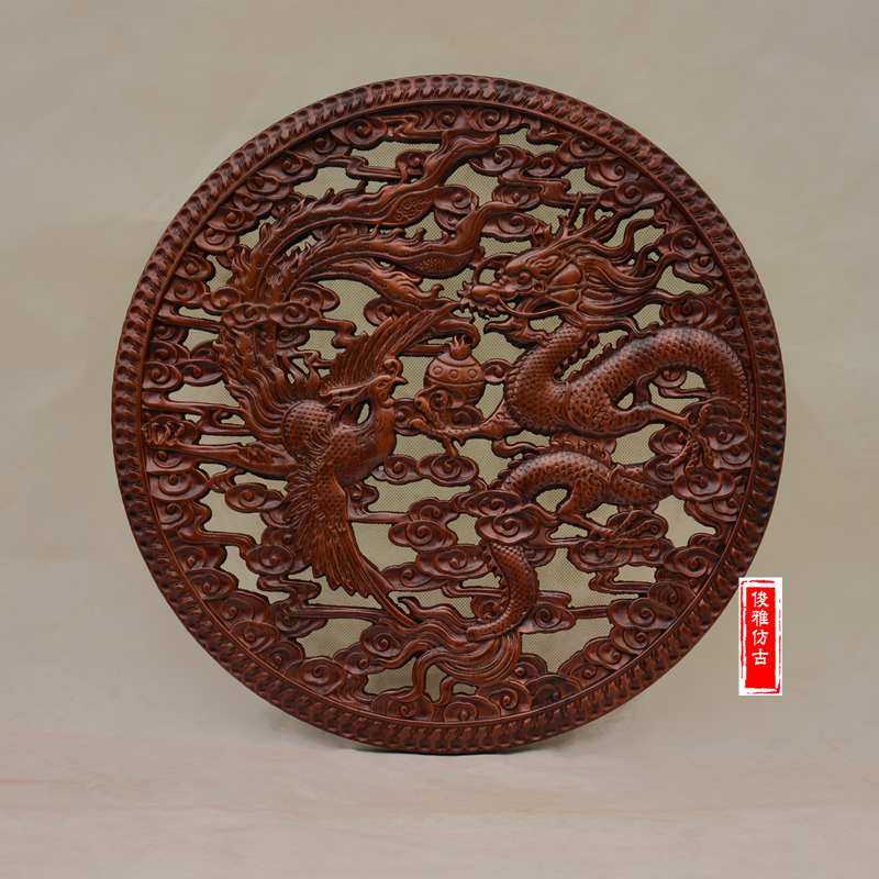 Dongyang wood carving pendant phoenix unicorn round living room porch Chinese style solid wood dragon and phoenix Chengxiang antique hollow wall hanging - Taobao