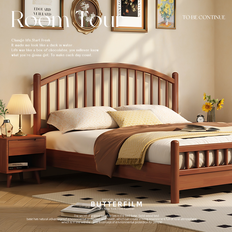 Nordic Solid Wood Bed 1.8m Double Bed Windsor Bed Modern Minimalist Master Bedroom Bed 1.5m Single Walnut Color Large Bed