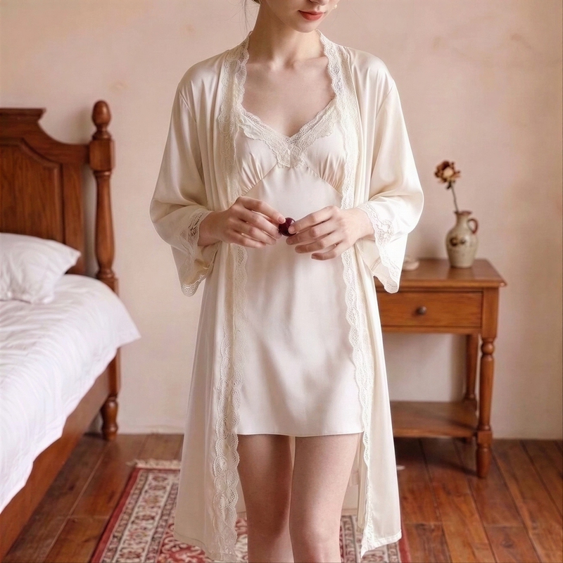 Light Luxury Silk Pajamas for Women, Two-Piece Set, Spring and Autumn, High-End Mulberry Silk Wedding Bride's Dressing Gown, Loungewear