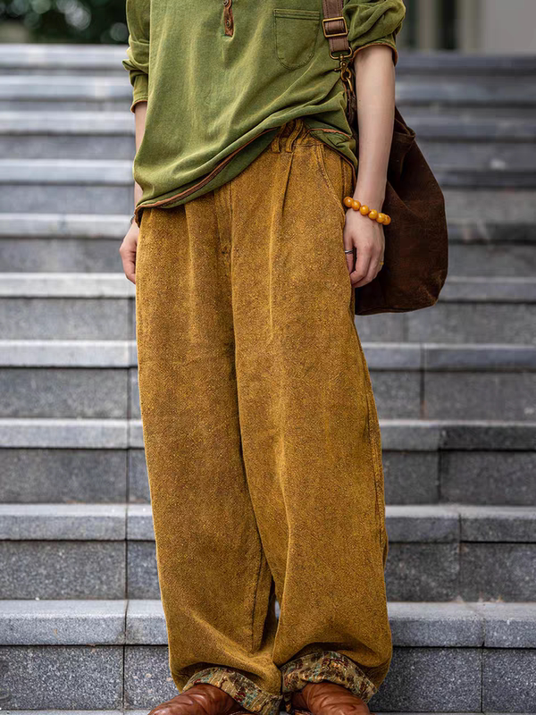 Crazy Zhang 25 Autumn Linen Vintage Loose Fit Contrast Color Buttoned Casual Draped Straight Pants # 08543