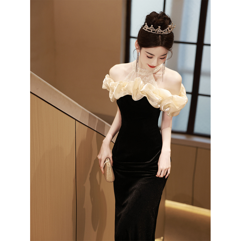 Black Evening Dress for Women 2026 New Style High-End Birthday Party Dress Light Luxury Niche Art Exam Annual Meeting Host