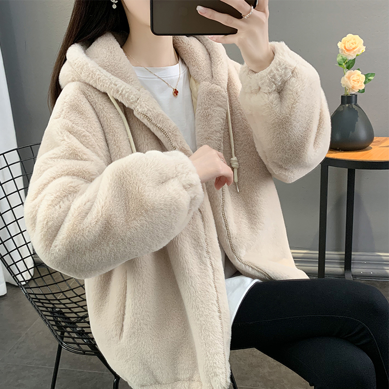 2025 Winter Faux Rabbit Fur Coat for Women, Mid-Length, Loose Fit, Thickened Lamb Wool Coat with Hood, Plush Outerwear
