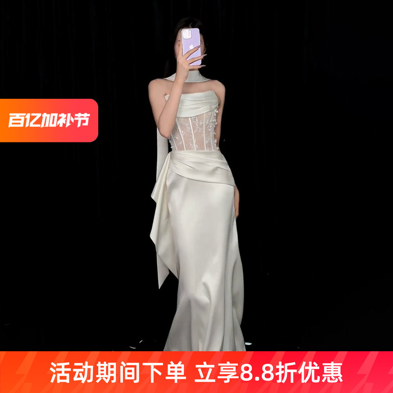 Strapless Vintage Light Wedding Dress, Elegant and Luxurious, High-End Lace Engagement Dress, White Fishtail Dress for Reception and Banquet