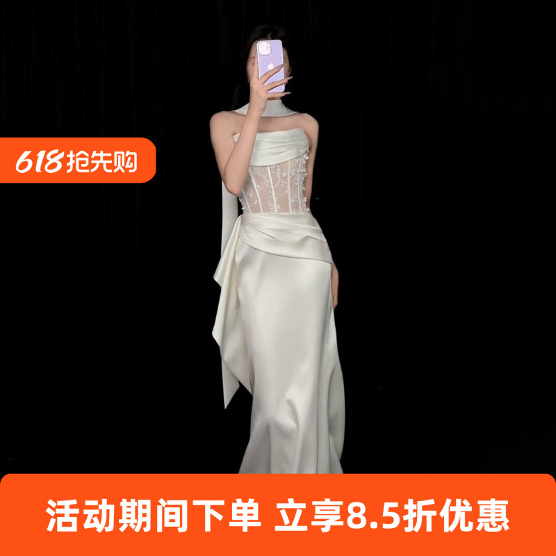 Strapless Vintage Light Wedding Dress, Elegant and Luxurious, High-End Lace Engagement Dress, White Fishtail Dress for Reception and Banquet Strapless Vintage Light Wedding Dress, Elegant and Luxurious, High-End Lace Engagement Dress, White Fishtail Dress for Reception and Banquet
