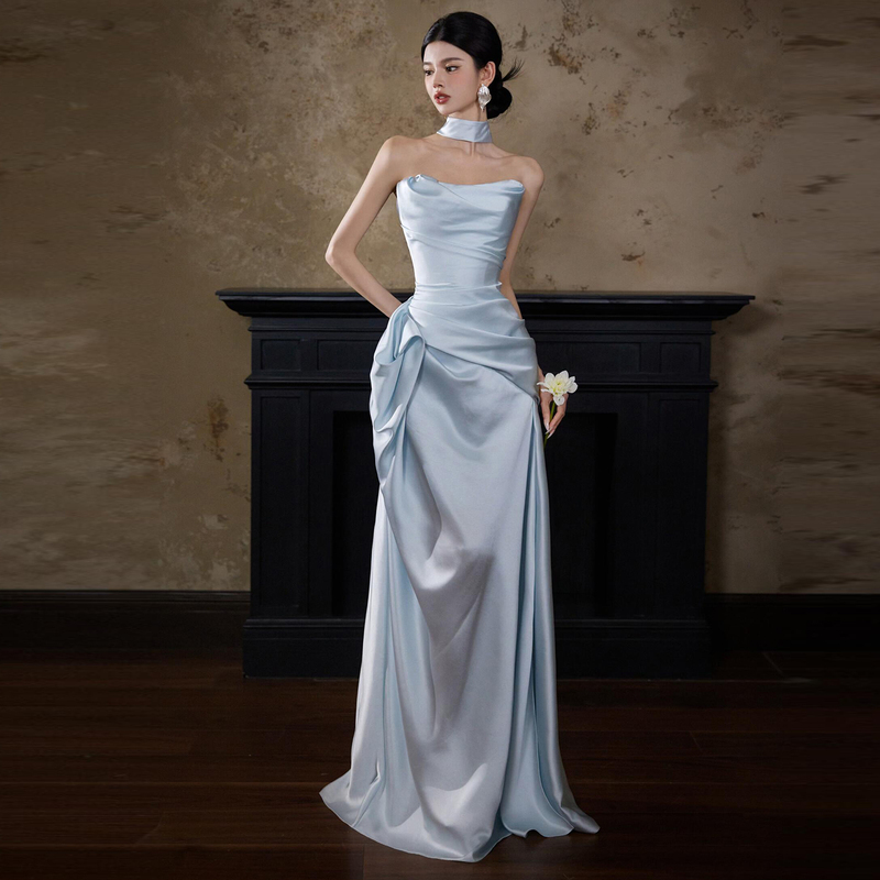 Blue Strapless Evening Dress, Niche Light Luxury with a High-End Feel, Bridal Engagement Robe, Women's Reception Banquet Slimming Toast Dress