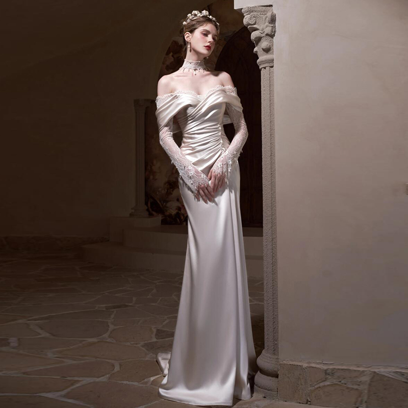 Long-Sleeved Lace Light Wedding Dress, French Off-Shoulder Forest-Style Satin Fishtail Gown, High-End Light Luxury Engagement and Reception Dress Long-Sleeved Lace Light Wedding Dress, French Off-Shoulder Forest-Style Satin Fishtail Gown, High-End Light Luxury Engagement and Reception Dress