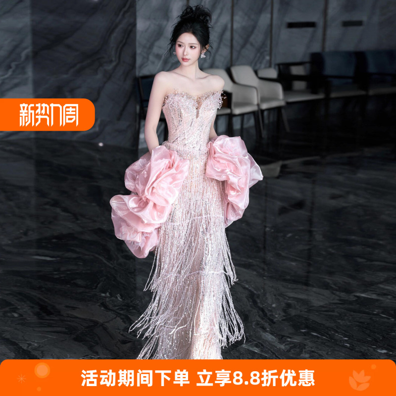 Pink Tassel Heavy-Duty Evening Dress 2026 New Model, Stunning and Ethereal Bridal High-End Light Luxury Sequin Engagement Toast Dress Pink Tassel Heavy-Duty Evening Dress 2026 New Model, Stunning and Ethereal Bridal High-End Light Luxury Sequin Engagement Toast Dress