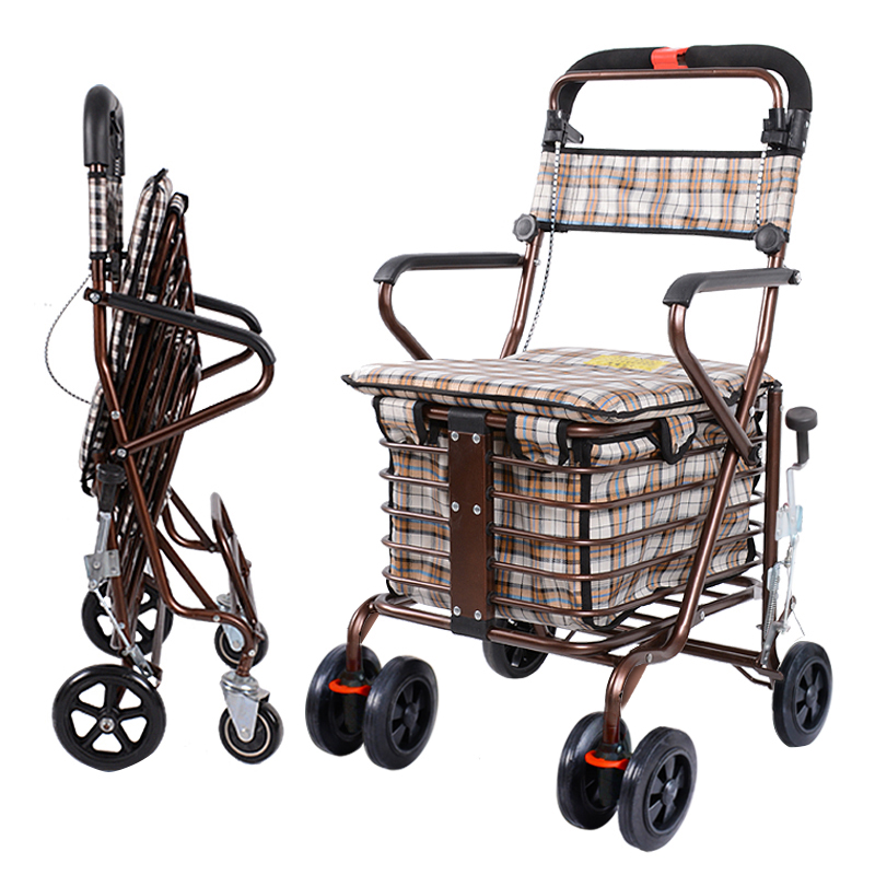 [USD 70.73] Oldage walker folding shopping cart seat can sit four