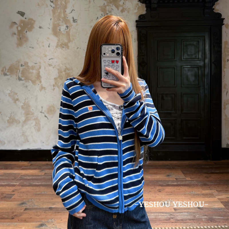 Yeshou Stickman Series Retro Striped Knitted Cardigan Zipper Hoodie Women's Short Jacket 2026 New Style Yeshou Stickman Series Retro Striped Knitted Cardigan Zipper Hoodie Women's Short Jacket 2026 New Style