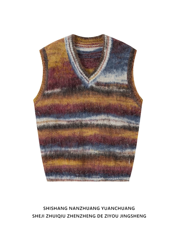 American Retro Gradient Striped Loose Knit Vest for Men and Women, Trendy Brand Autumn and Winter Sleeveless Lazy Sweater with V-Neck American Retro Gradient Striped Loose Knit Vest for Men and Women, Trendy Brand Autumn and Winter Sleeveless Lazy Sweater with V-Neck