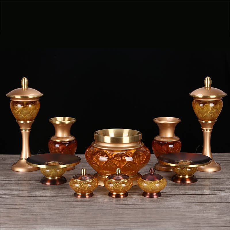 Perfect offering gold powder glazed incense burner for Buddha fruit plate colorful LED lamp glazed copper vase Guanyin holy water cup