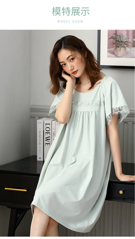 Váy ngủ dễ thương Nhật Bản sexy ngọt ngào Váy ngủ nữ cotton tinh khiết mỏng mùa hè đồ ngủ có thể được mặc bên ngoài tay áo ngắn rộng rãi dịch vụ tại nhà - Đêm đầm