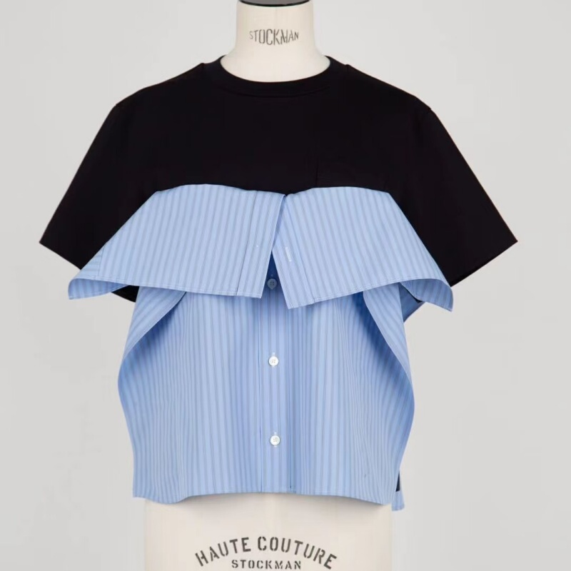 Fog Sacai Japanese Style 2026 New Shirt Fake Two-Piece Patchwork T-Shirt Short-Sleeve Striped Women's Top