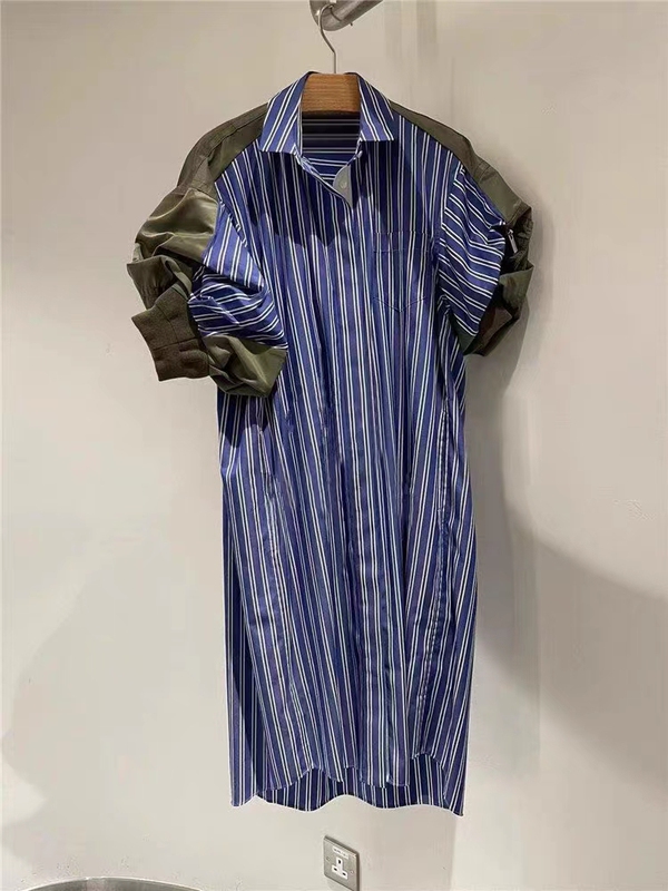 Fog Sacai Ss26 Spring and Summer Skirt Loose Shirt Color-Blocking Polo Collar Puff Sleeve Striped Shirt Dress