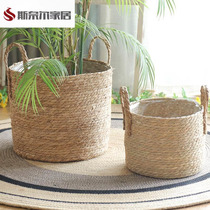 Nordic rattan woven flower basket home decoration fiddle leaf flower pot ornaments straw green plant large set of pots floor-standing large flower pots