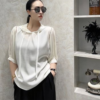 Simple and Elegant Solid Color Hooded Sun Protection Shirt, Silk Top, Loose and Slimming Casual Pullover Shirt, European Style Women's Clothing