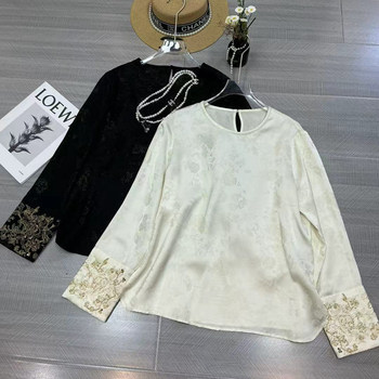 High-End Round-Neck Jacquard Gold Thread Embroidery Beaded Cuffs Silk Blend Lightweight Versatile Top 2026 Spring
