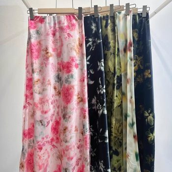 High-End Satin Print Slit Acetate Skirt Elastic Waist Feminine Hip-Covering Glossy Long Skirt 2025 Summer