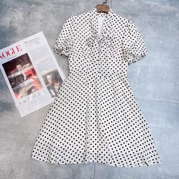 V-Neck Bow Ribbon Puff Sleeves High-Waisted Polka Dot Silk Dress Retro Age-Reducing Fairy Dress 2025 Summer