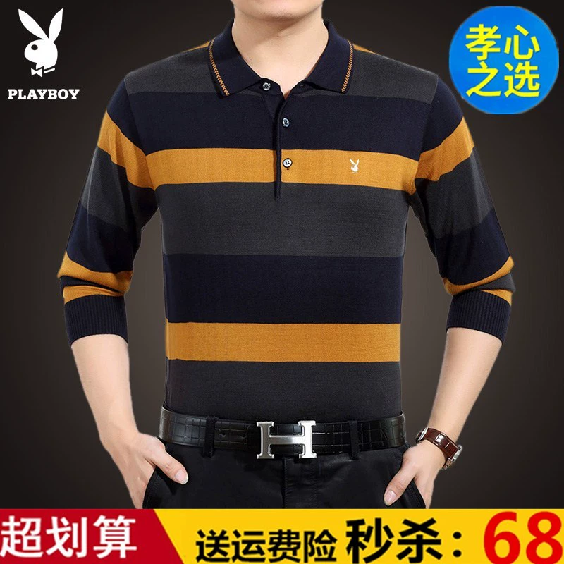 Playboy áo thun dài tay nam ve áo mỏng lụa tơ tằm trung niên len dệt kim lỏng lẻo bố mặc áo phông - Áo len