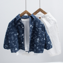 Dark blue boy shirt Long sleeve personality Korean version of the child handsome spring and autumn baby shirt jacket tide childrens clothing