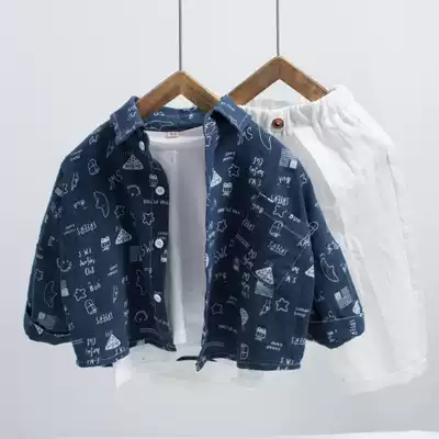 Deep blue boys shirt long sleeve personality Korean version of children handsome spring and autumn baby shirt coat tide children's clothing