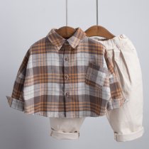 Boys shirt long-sleeved 2021 new cotton spring and autumn baby shirt Korean version of autumn foreign style childrens plaid top