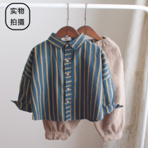 Childrens spring boys  shirts long-sleeved 2021 new cotton spring and autumn mens baby shirts striped tops jacket tide