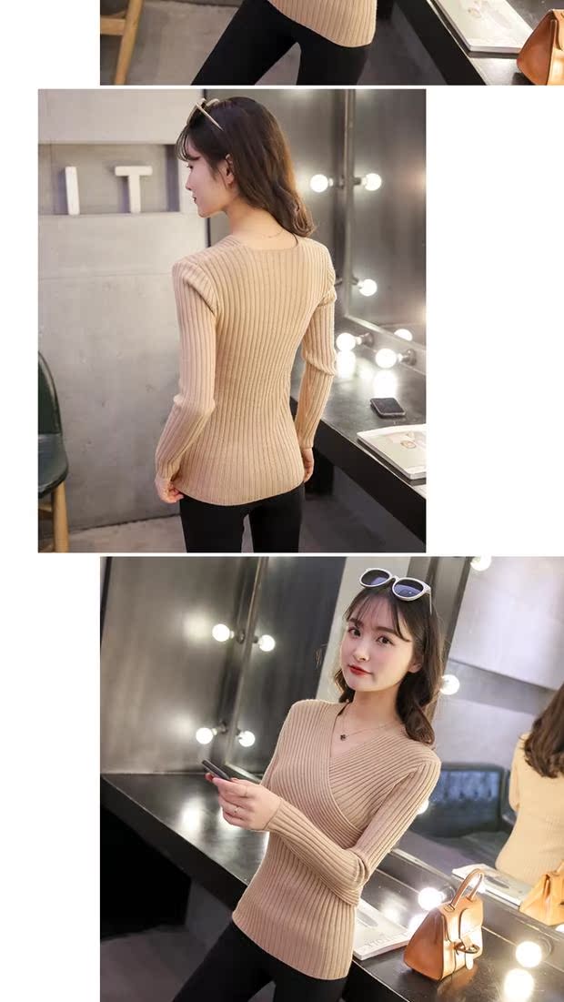Áo sơ mi nữ cổ chữ V cẩn thận máy áo len mỏng tay dài tay bó sát áo sơ mi ngắn tay mùa xuân và áo len mùa thu áo len